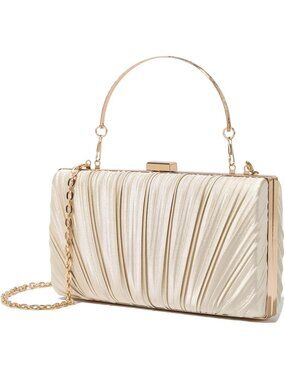 Women's Satin Gold Pleated Evening Handbag with Chain Prom Classic Clutch Purses